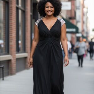 Vince Camuto Black Sequin Shoulder Stretch Evening Gown Maxi Dress – Size 16W